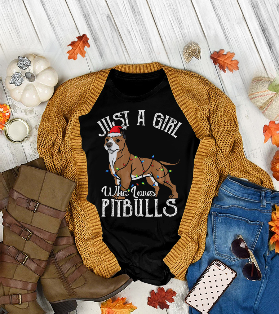 Just a Girl Who Loves Pitbulls Santa Hat and Christmas Lights T-Shirt