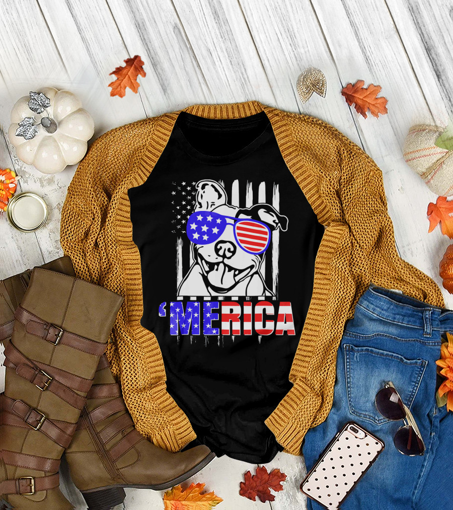 Merica Pitbull with Patriotic American Flag Sunglasses T-Shirt