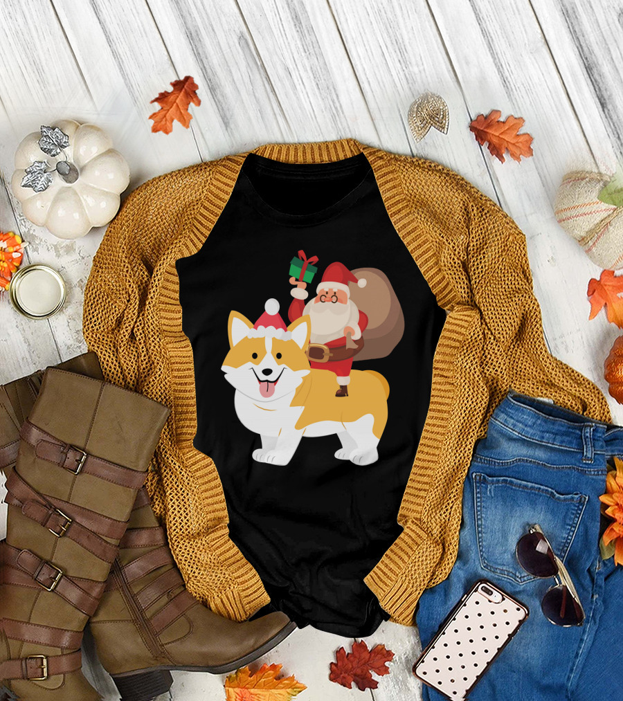 Santa Riding Akita Inu with Sack and Present T-Shirt