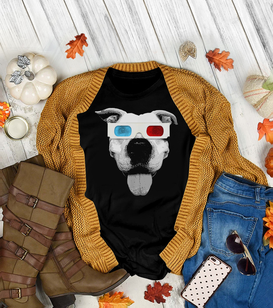 Pit Bull 3D Glasses Funny Dog Face T-Shirt