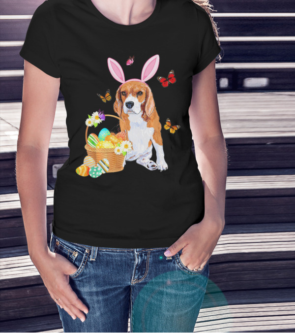 Beagle Bunny Hat Rabbit Easter Eggs Basket Butterflies Flowers T-Shirt
