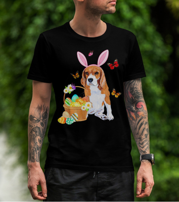 Beagle Bunny Hat Rabbit Easter Eggs Basket Butterflies Flowers T-Shirt