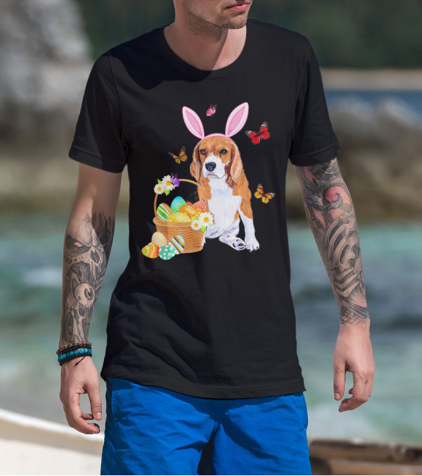 Beagle Bunny Hat Rabbit Easter Eggs Basket Butterflies Flowers T-Shirt