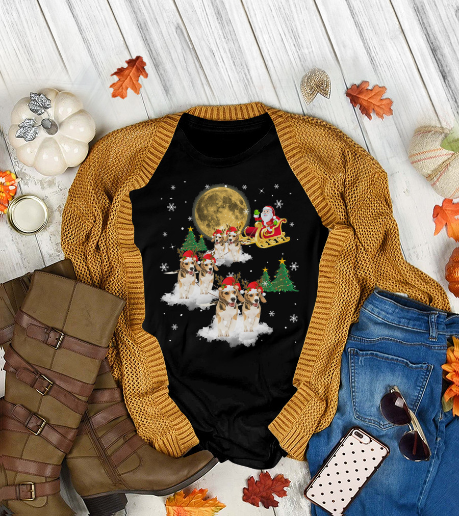 Santa Sleigh with Beagles in Christmas Hats under Moon and Stars T-Shirt