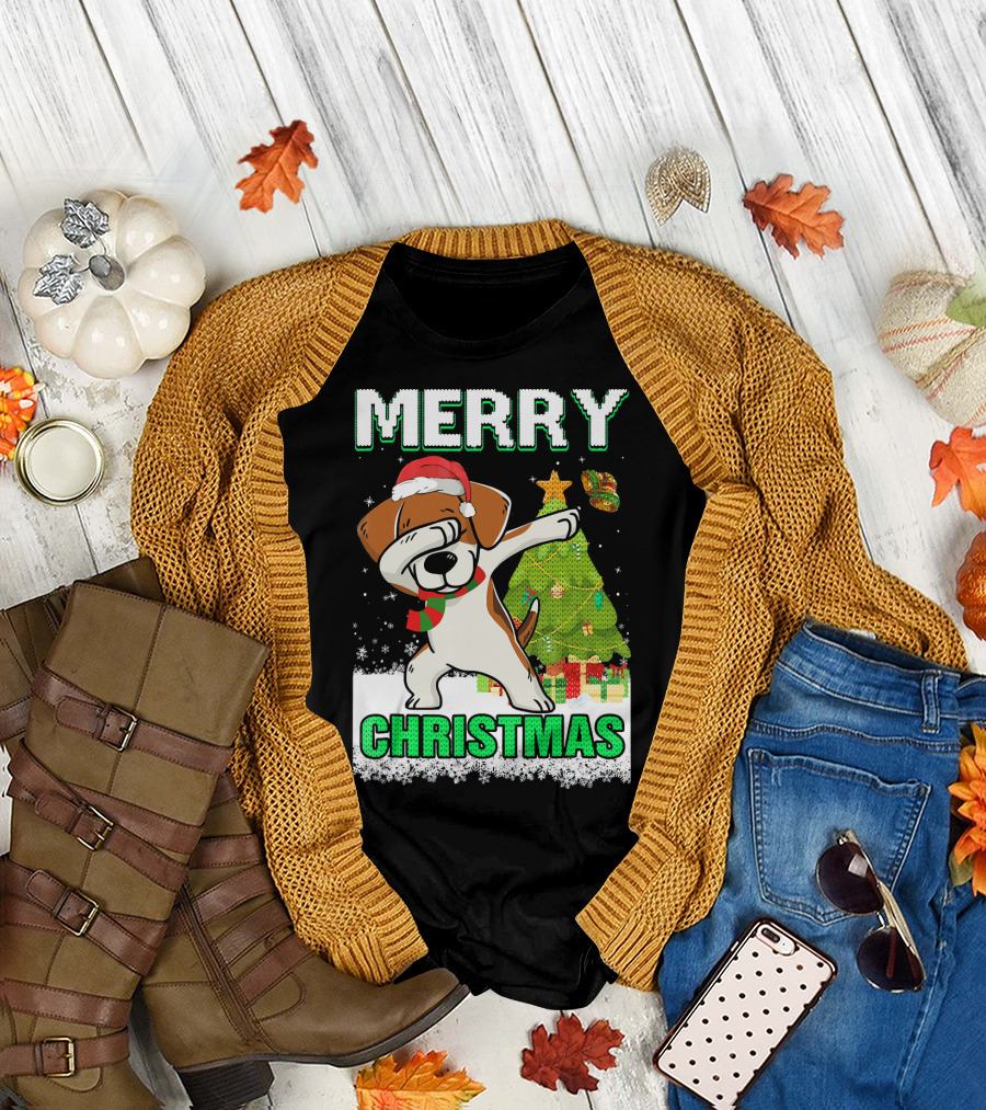 Merry Christmas Cute Beagle Claus Dab Snowflake Tree T-Shirt