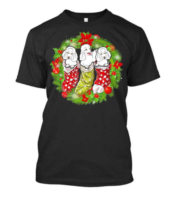 Christmas Tiny Poodle Trio In Festive Stockings Wreath T-Shirt