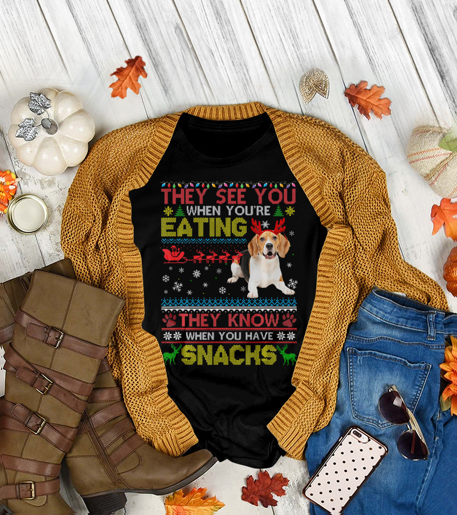 They See You When You're Eating They Know When You Have Snacks Beagle Christmas T-Shirt
