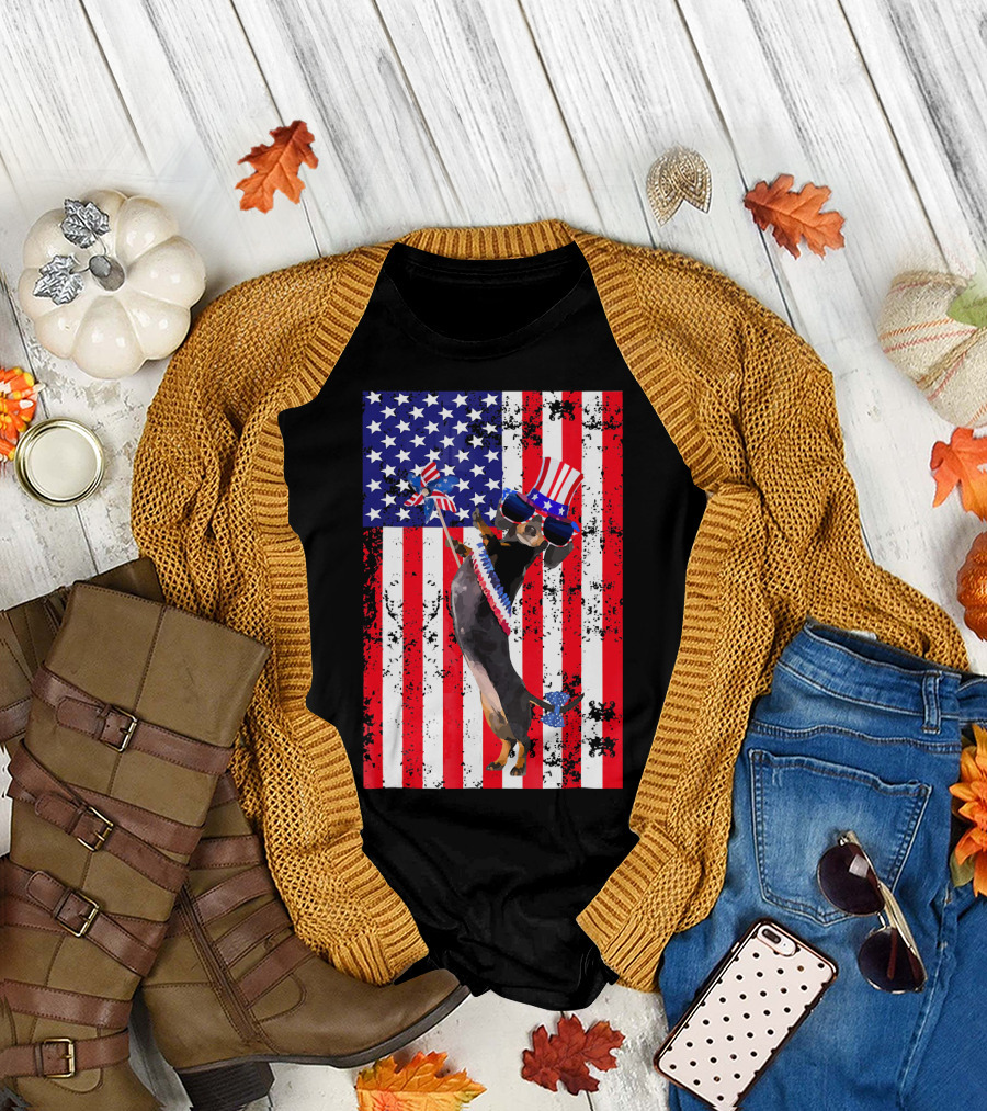 4th Of July Patriotic Dachshund with American Flag and Uncle Sam Hat T-Shirt