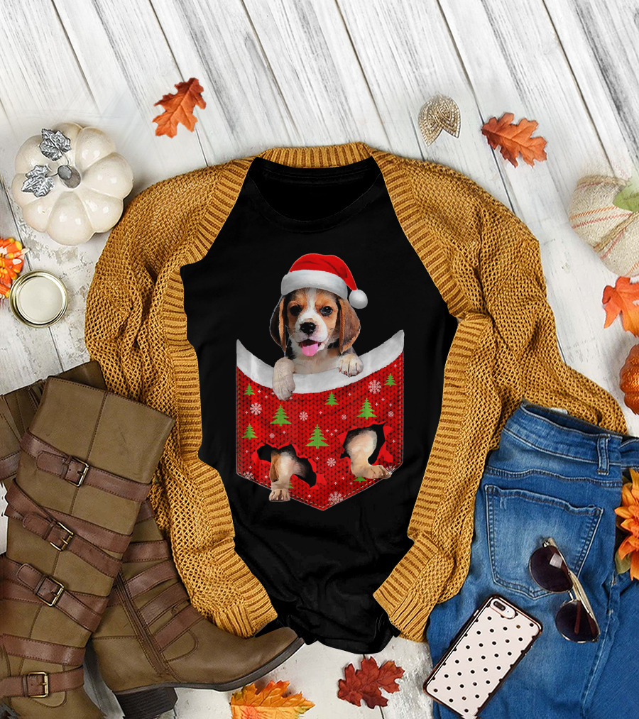 Beagle Dog Christmas Pocket Santa Hat Holiday Puppy T-Shirt