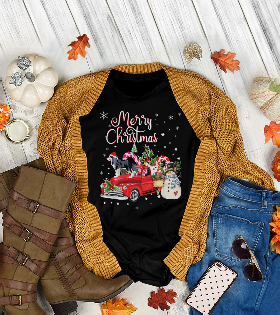 Merry Christmas Siberian Husky Snowman Candy Canes Red Truck Scene T-Shirt