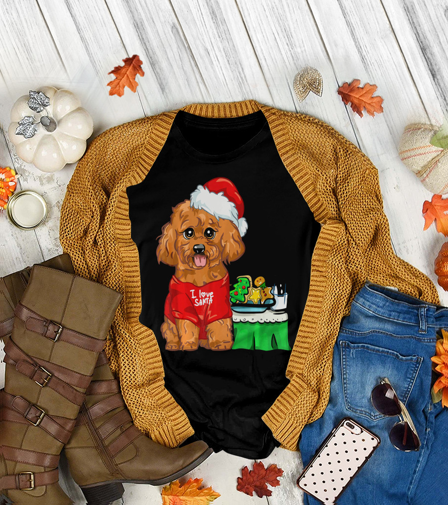 Cute Poodle Pup I Love Santa with Christmas Cookies T-Shirt