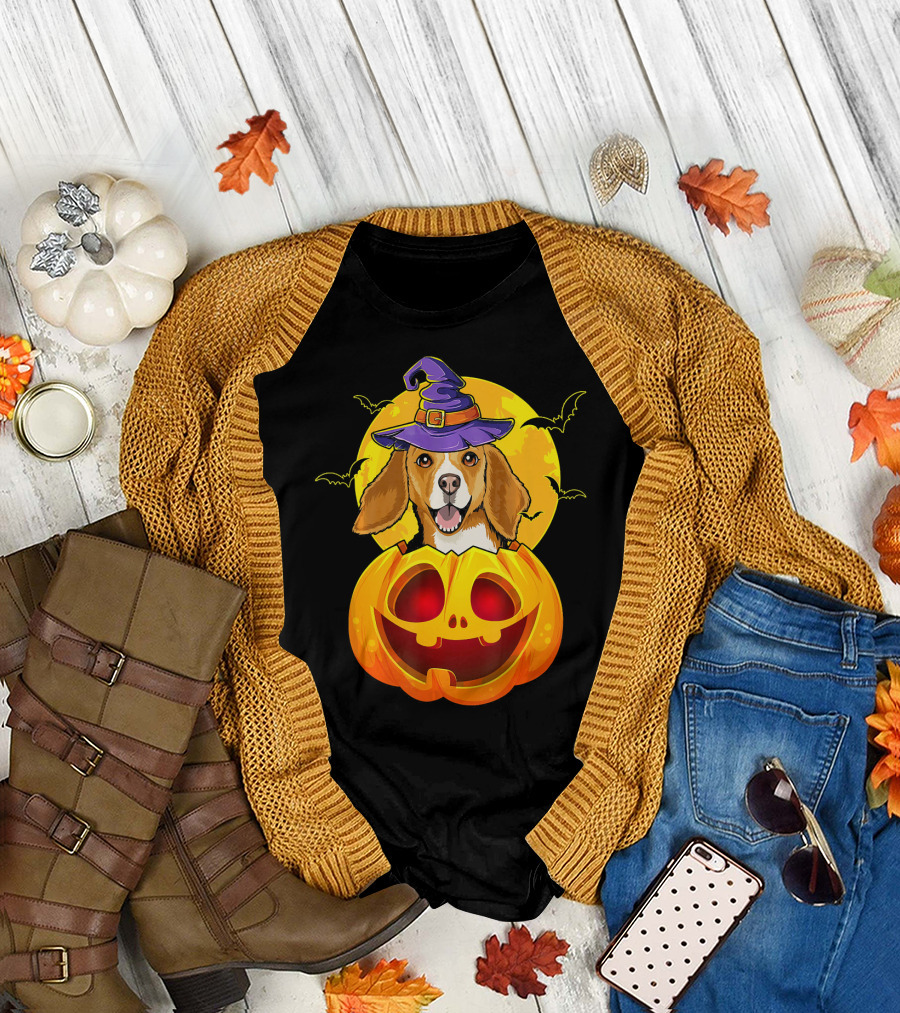 Beagle Witch Hat Jack O Lantern Pumpkin Moon Bats T-Shirt
