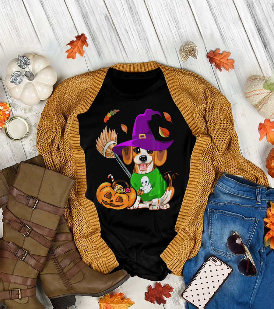 Beagle Puppy in Witch Hat with Halloween Pumpkin Basket T-Shirt