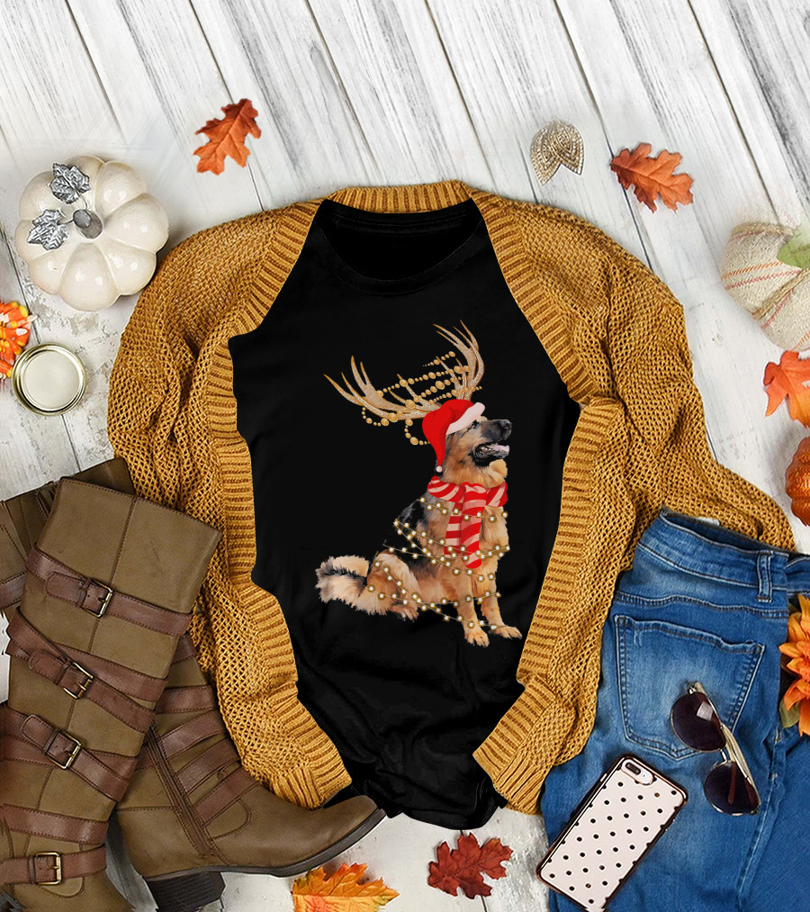 German Shepherd Christmas Santa Hat Lights Antlers Scarf T-Shirt