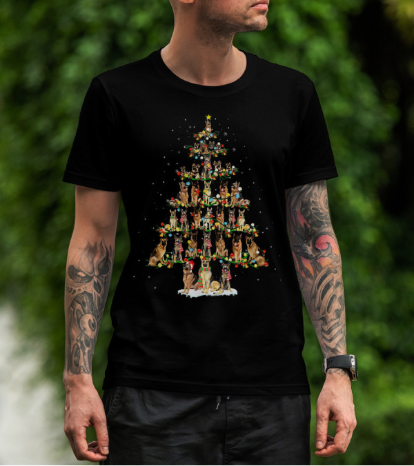 Cute German Shepherd Dogs In Christmas Tree Formation With Festive Decorations T-Shirt