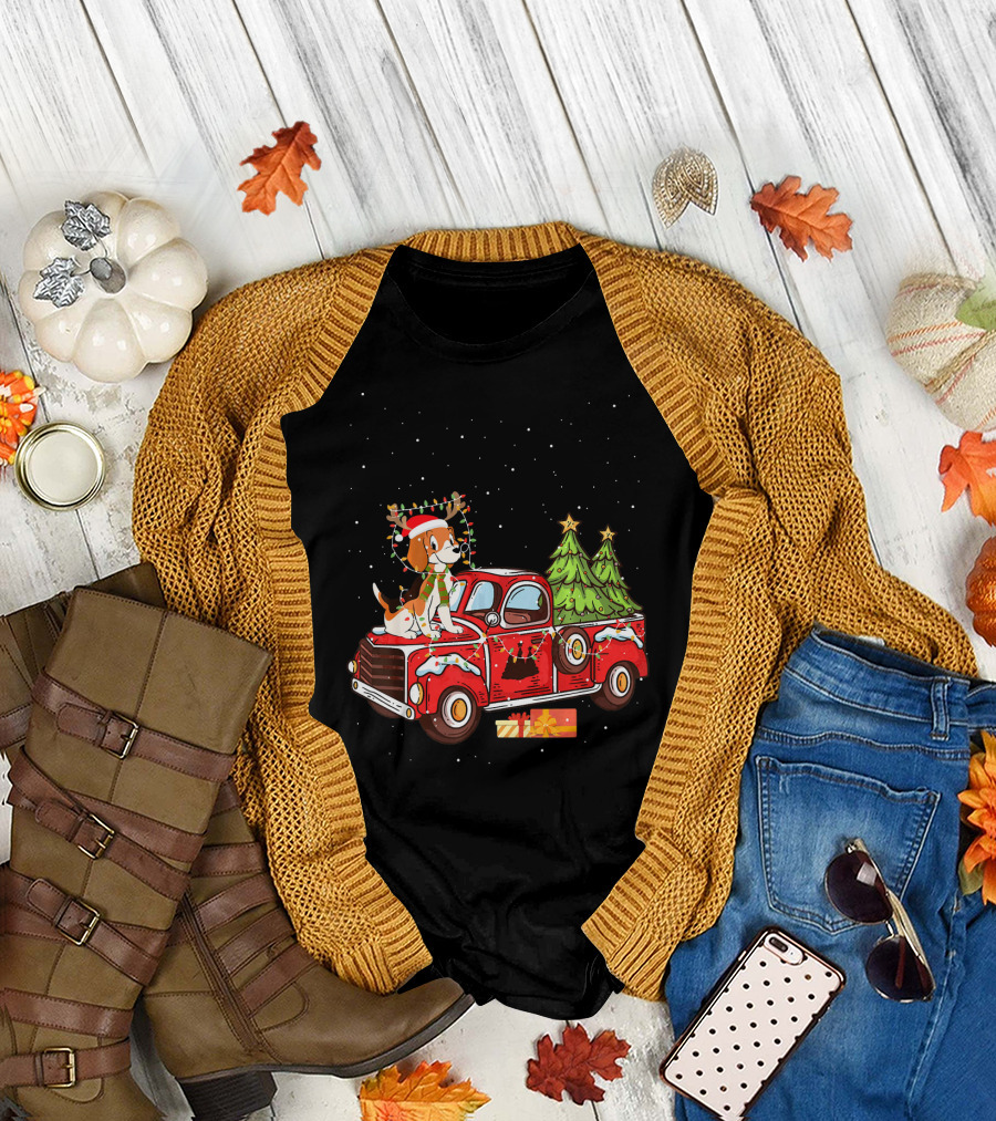 Christmas Beagle Dog in Red Holiday Truck with Christmas Trees and Gifts T-Shirt