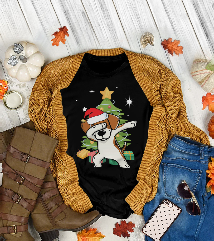 Beagle Cute Dabbing Christmas Santa Hat Tree Gifts T-Shirt