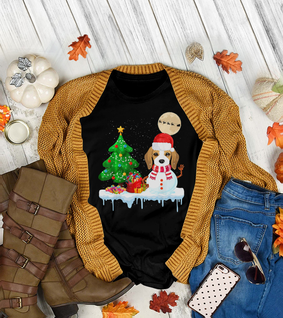 Beagle Snowman Christmas Tree Presents Moon Santa Hat T-Shirt