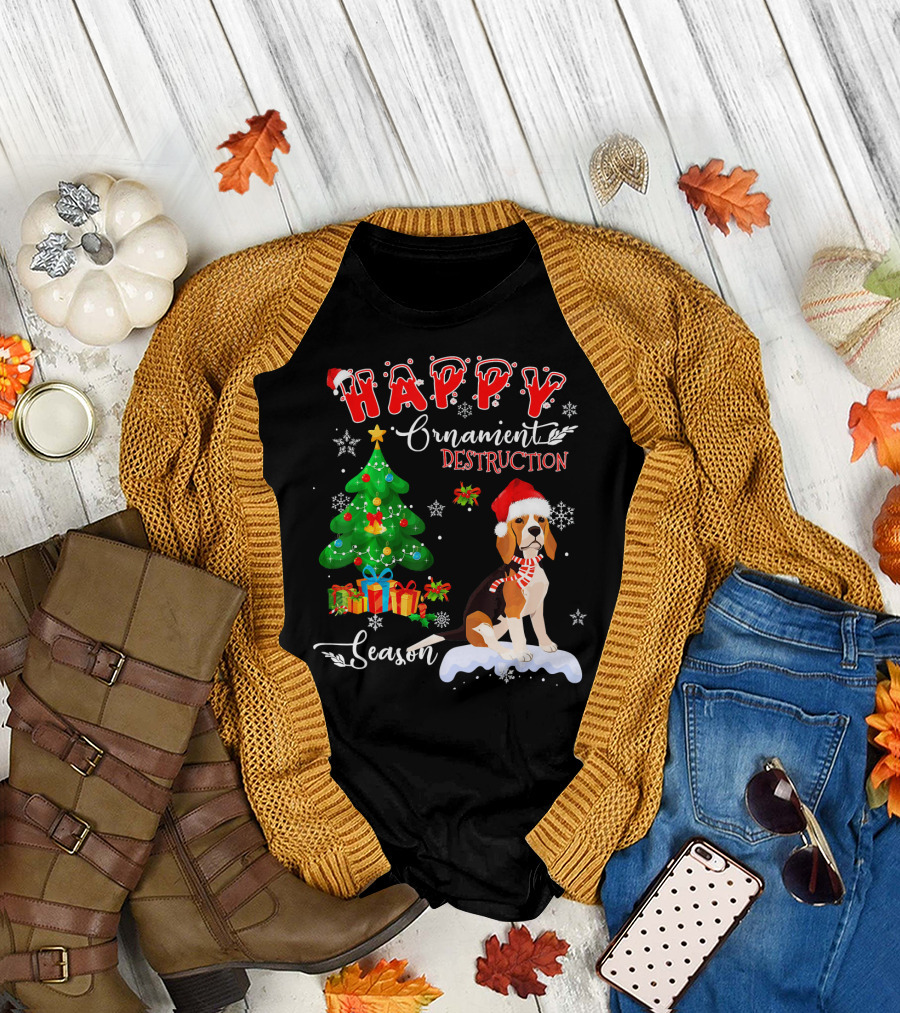 Happy Ornament Destruction Season Beagle Dog Christmas Tree Snow Santa Hat T-Shirt