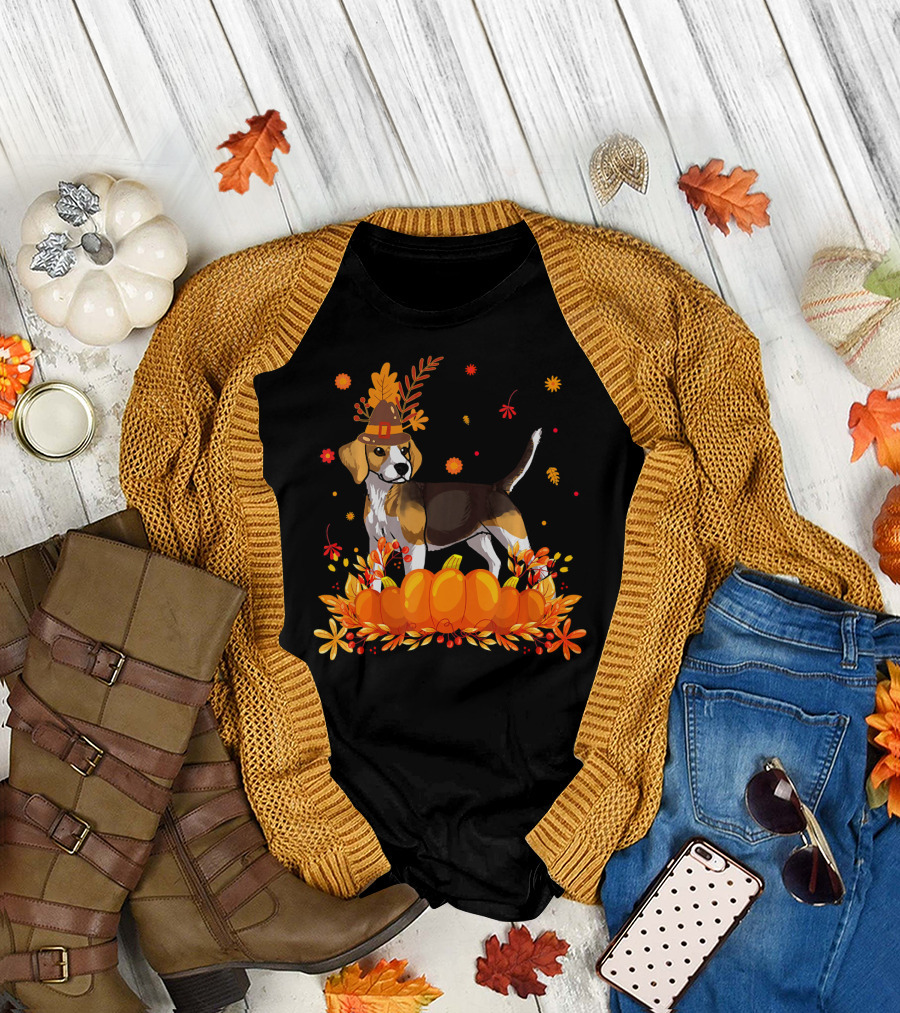 Beagle Dog in Autumn with Pilgrim Hat and Pumpkins T-Shirt