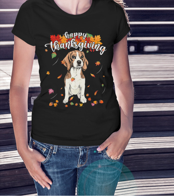 Happy Thanksgiving Cute Beagle With Autumn Leaves T-Shirt