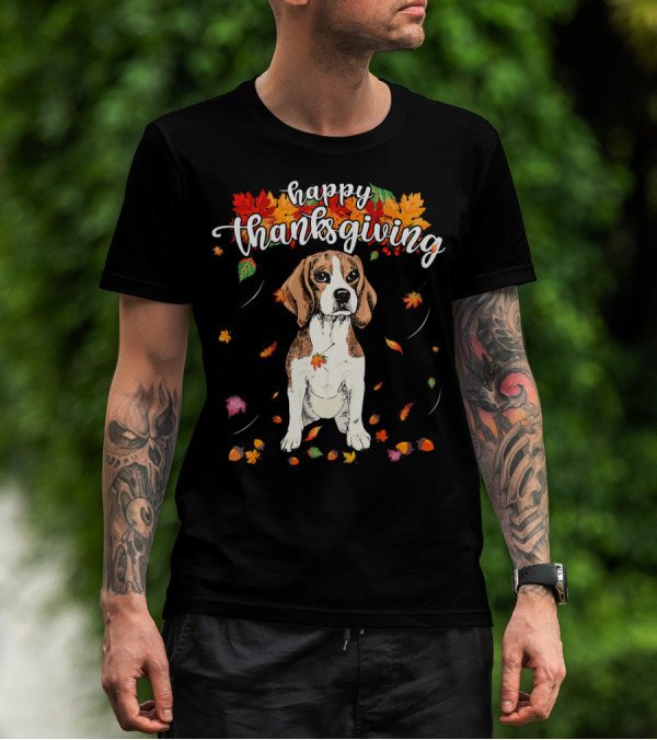 Happy Thanksgiving Cute Beagle With Autumn Leaves T-Shirt