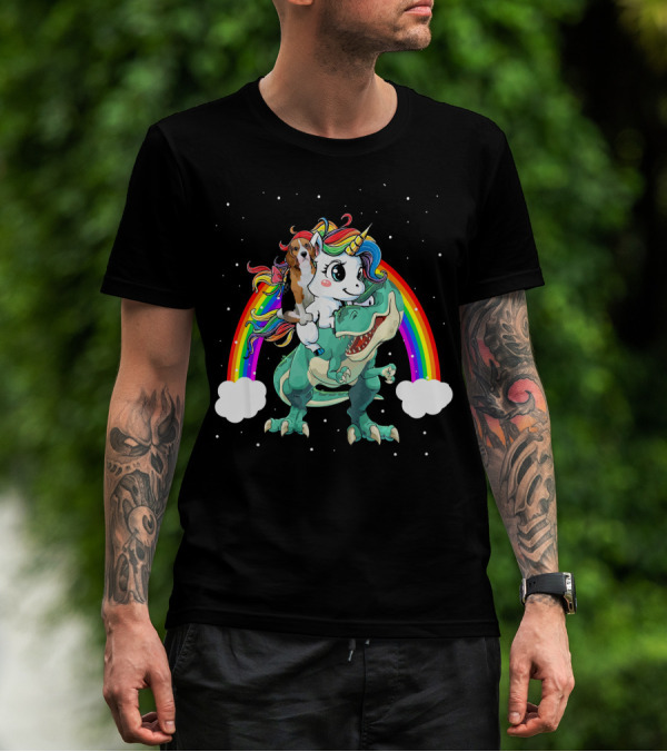Beagle Dog Unicorn On Dinosaur Rex With Rainbow T-Shirt