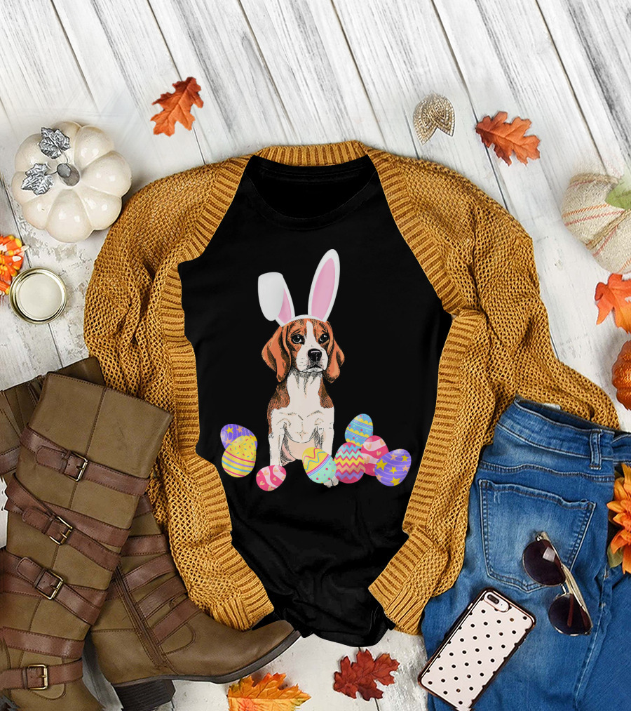 Beagle Wearing Bunny Rabbit Ears Surrounded by Colorful Easter Eggs T-Shirt