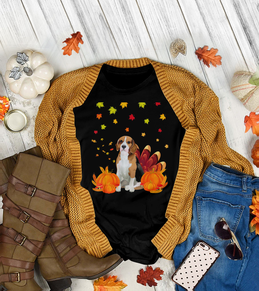 Thanksgiving Beagle with Turkey Tail and Pumpkins Surrounded by Falling Leaves T-Shirt