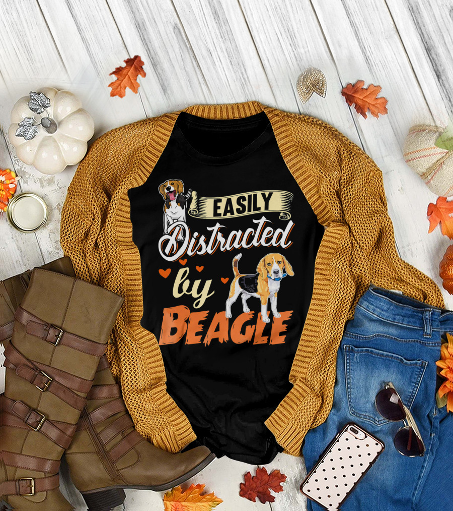 Easily Distracted By Beagle Lover with Beagle Images and Hearts T-Shirt