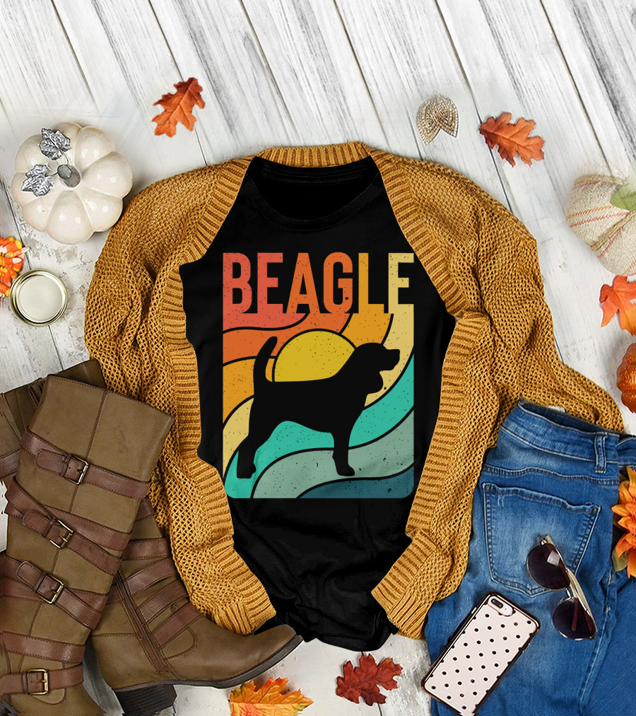Beagle Silhouette Retro Sunset Vintage Rainbow Waves T-Shirt