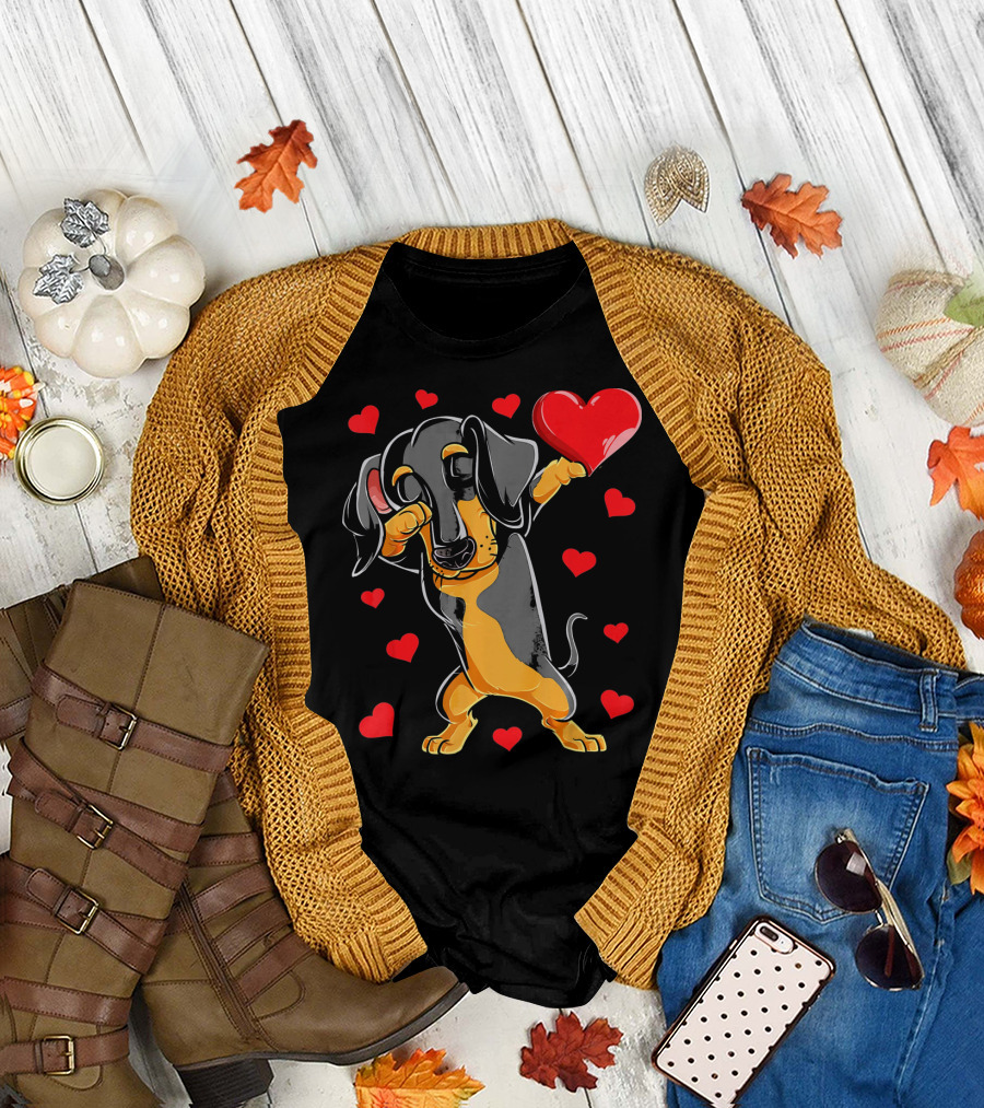 Dabbing Dachshund Holding Heart Surrounded by Valentines Day Hearts T-Shirt