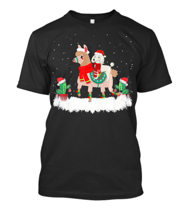 Poodle In Santa Hat Riding Llama In Festive Winter Scene With Cacti T-Shirt