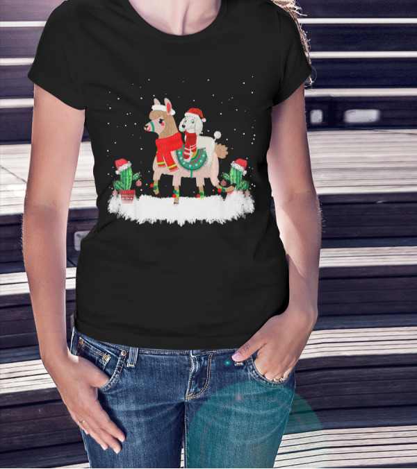 Poodle In Santa Hat Riding Llama In Festive Winter Scene With Cacti T-Shirt