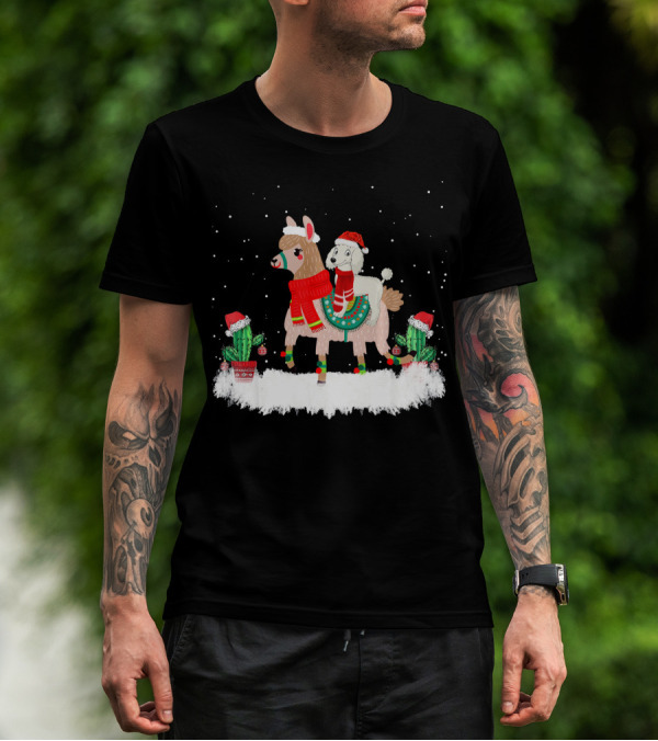 Poodle In Santa Hat Riding Llama In Festive Winter Scene With Cacti T-Shirt