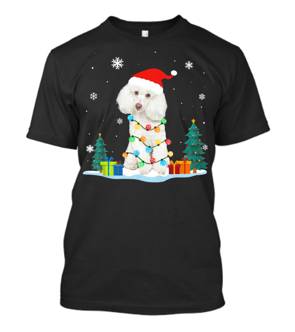 Christmas Poodle Wrapped In Colorful Lights With Santa Hat And Snowflakes T-Shirt