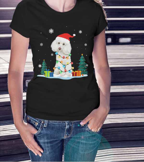 Christmas Poodle Wrapped In Colorful Lights With Santa Hat And Snowflakes T-Shirt