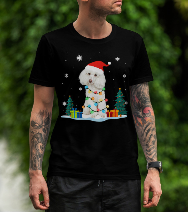 Christmas Poodle Wrapped In Colorful Lights With Santa Hat And Snowflakes T-Shirt
