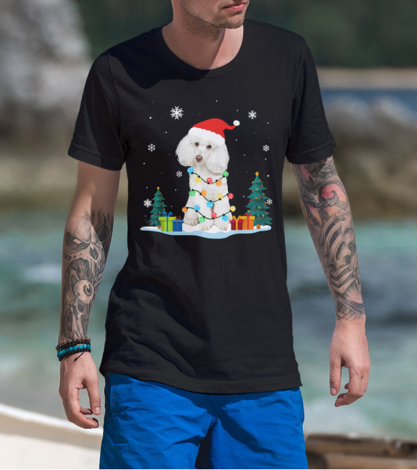 Christmas Poodle Wrapped In Colorful Lights With Santa Hat And Snowflakes T-Shirt