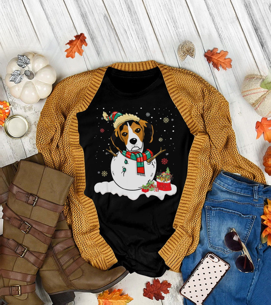 Beagle Lover Merry Christmas Xmas Costume Snowman Hat Scarf Snowflakes Gift Box T-Shirt