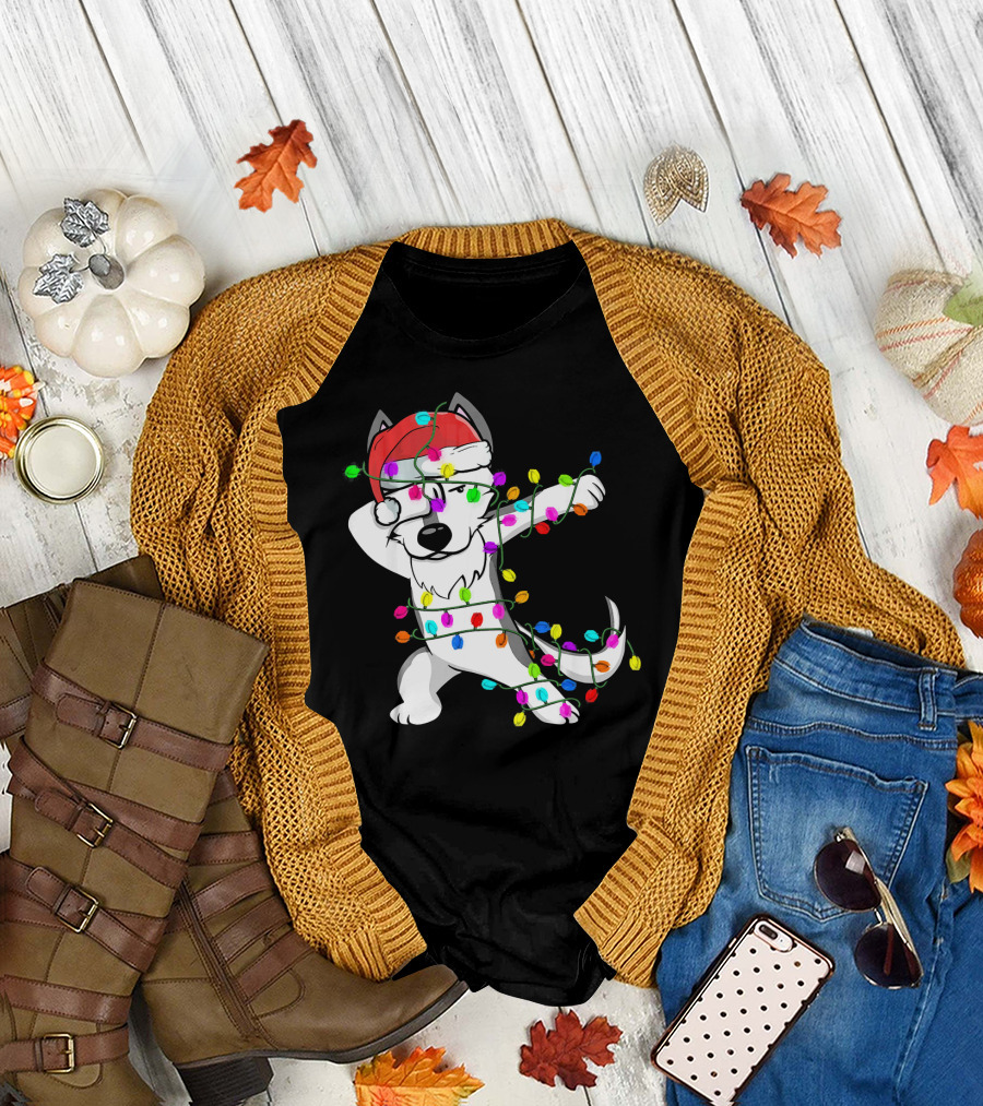 Festive Dabbing Husky Wrapped in Colorful Christmas Lights T-Shirt