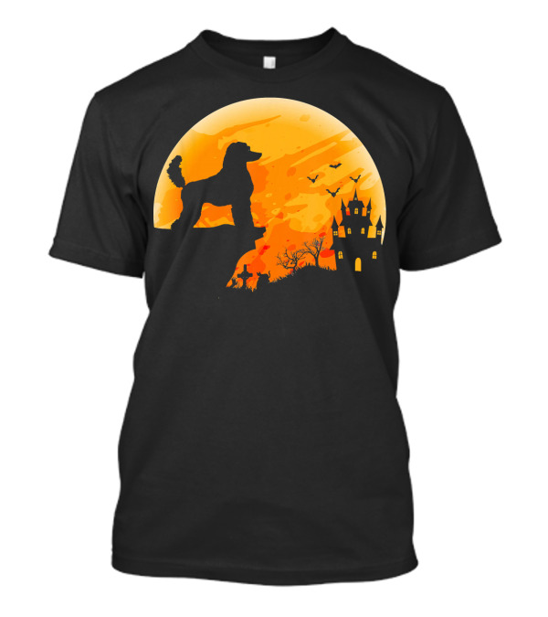 Cute Halloween Poodle Dog Silhouette With Moon And Spooky Castle T-Shirt