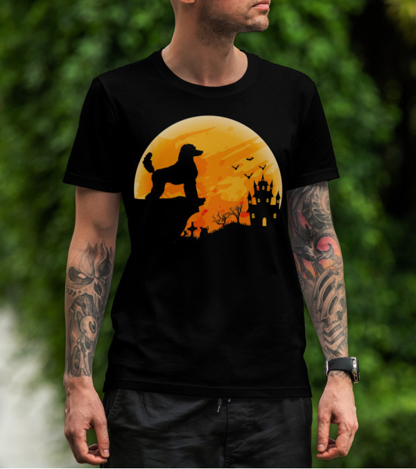 Cute Halloween Poodle Dog Silhouette With Moon And Spooky Castle T-Shirt