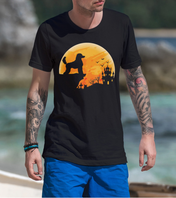 Cute Halloween Poodle Dog Silhouette With Moon And Spooky Castle T-Shirt