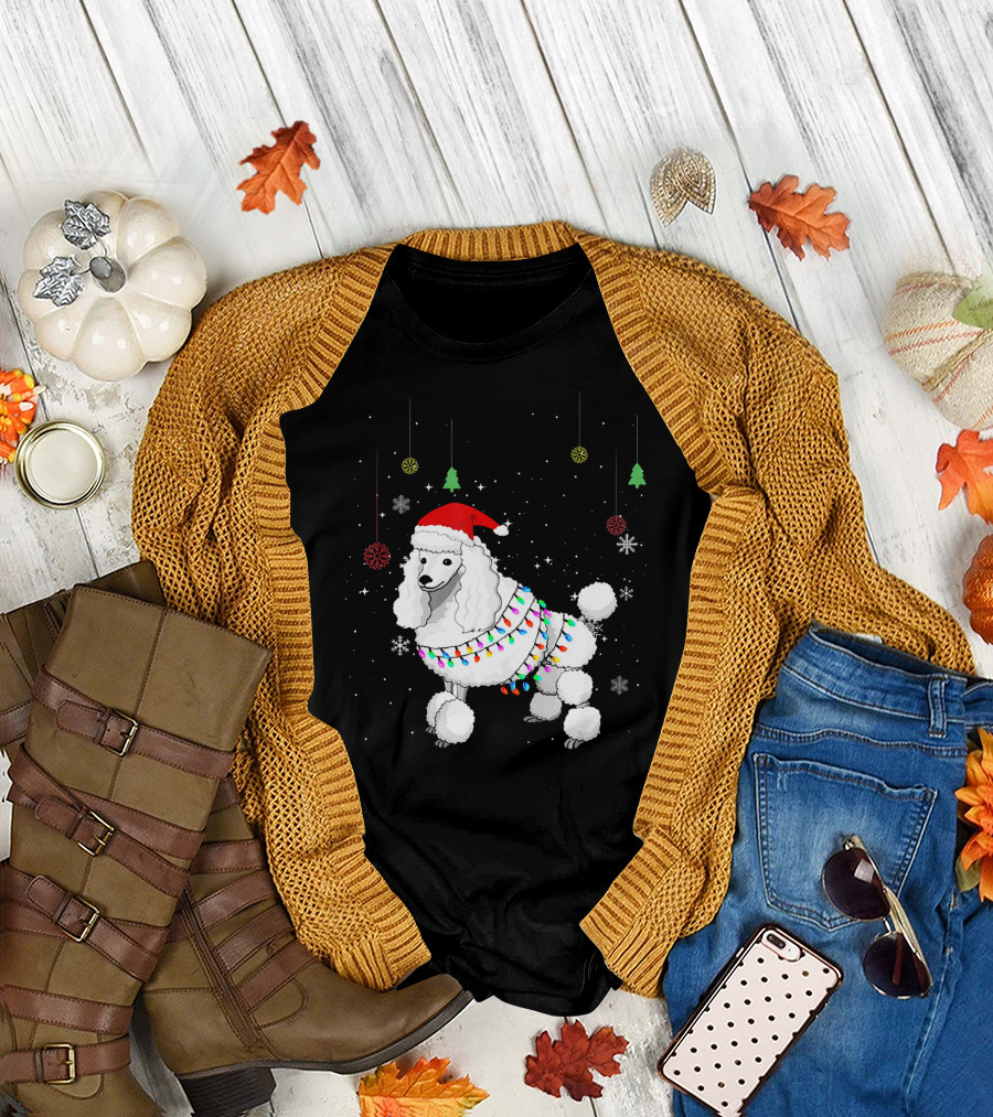Cute Standard Poodle Christmas Dog with Santa Hat and Holiday Lights T-Shirt