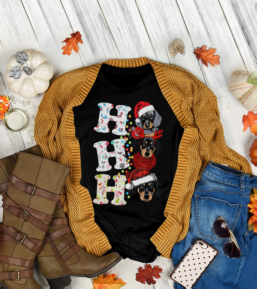 Funny Dachshund Christmas Ho Ho Ho Puppy with Santa Hat and Reindeer Antlers T-Shirt