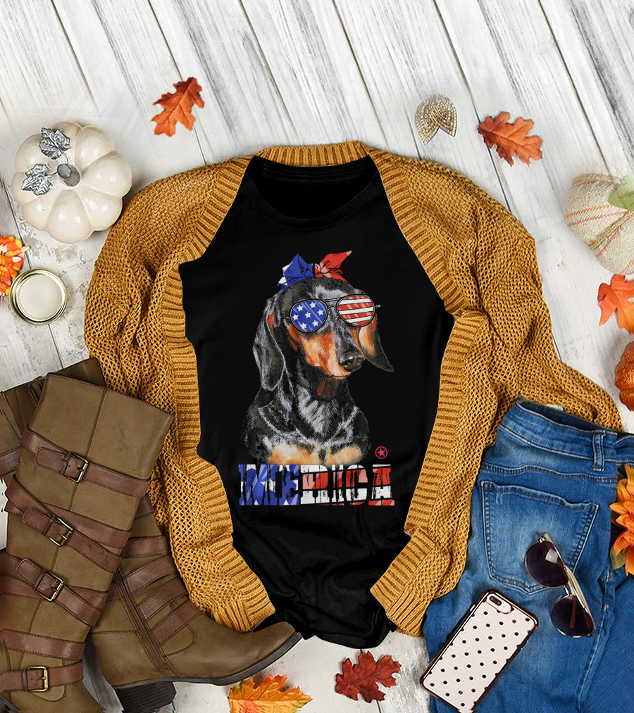 Dachshund Mom USA American Flag Merica Dog with Bandana and Sunglasses T-Shirt