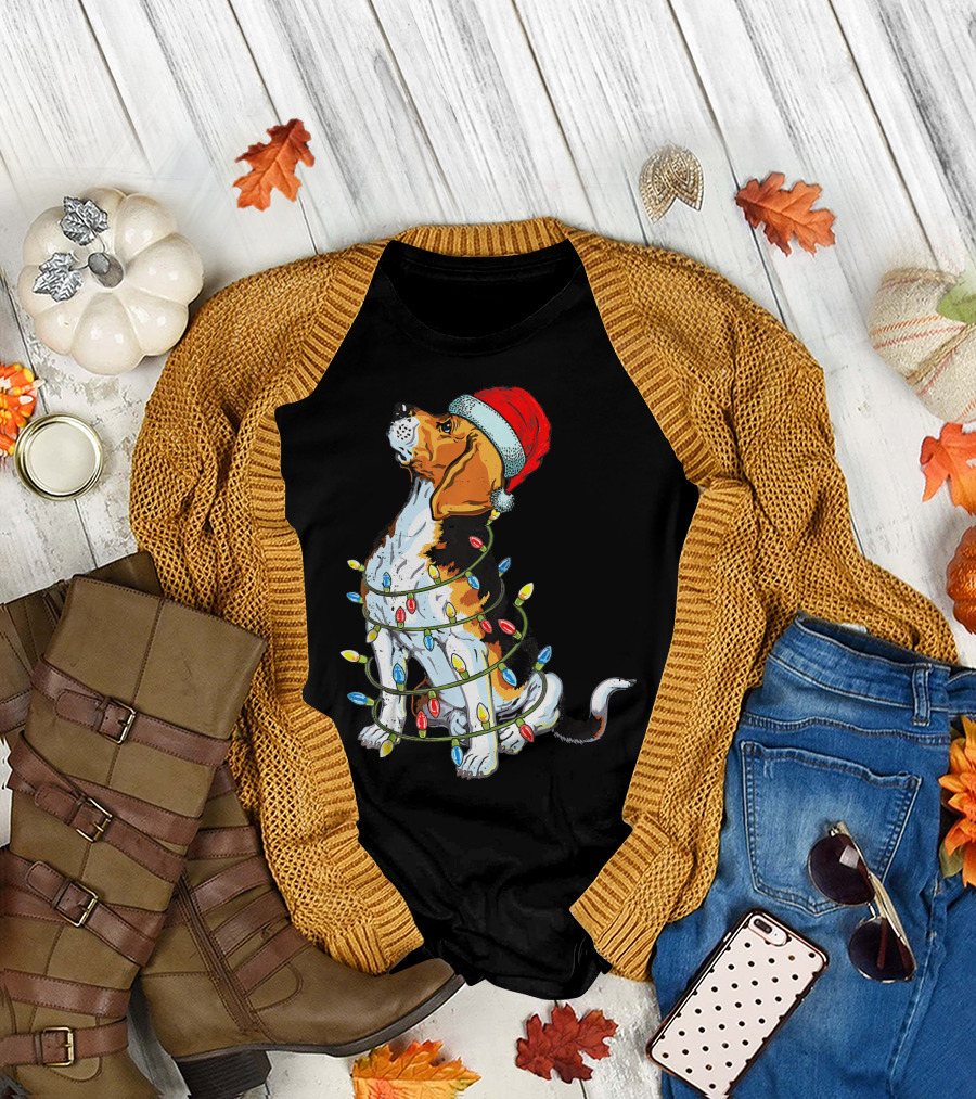 Funny Beagle Christmas Wrapped in Lights with Santa Hat T-Shirt