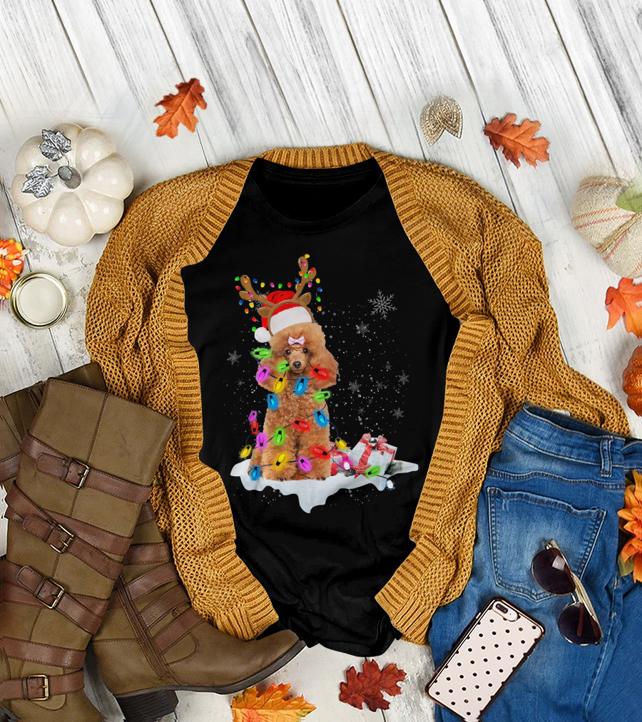 Funny Poodle Dog Christmas Reindeer Lights Snowflakes Gift T-Shirt