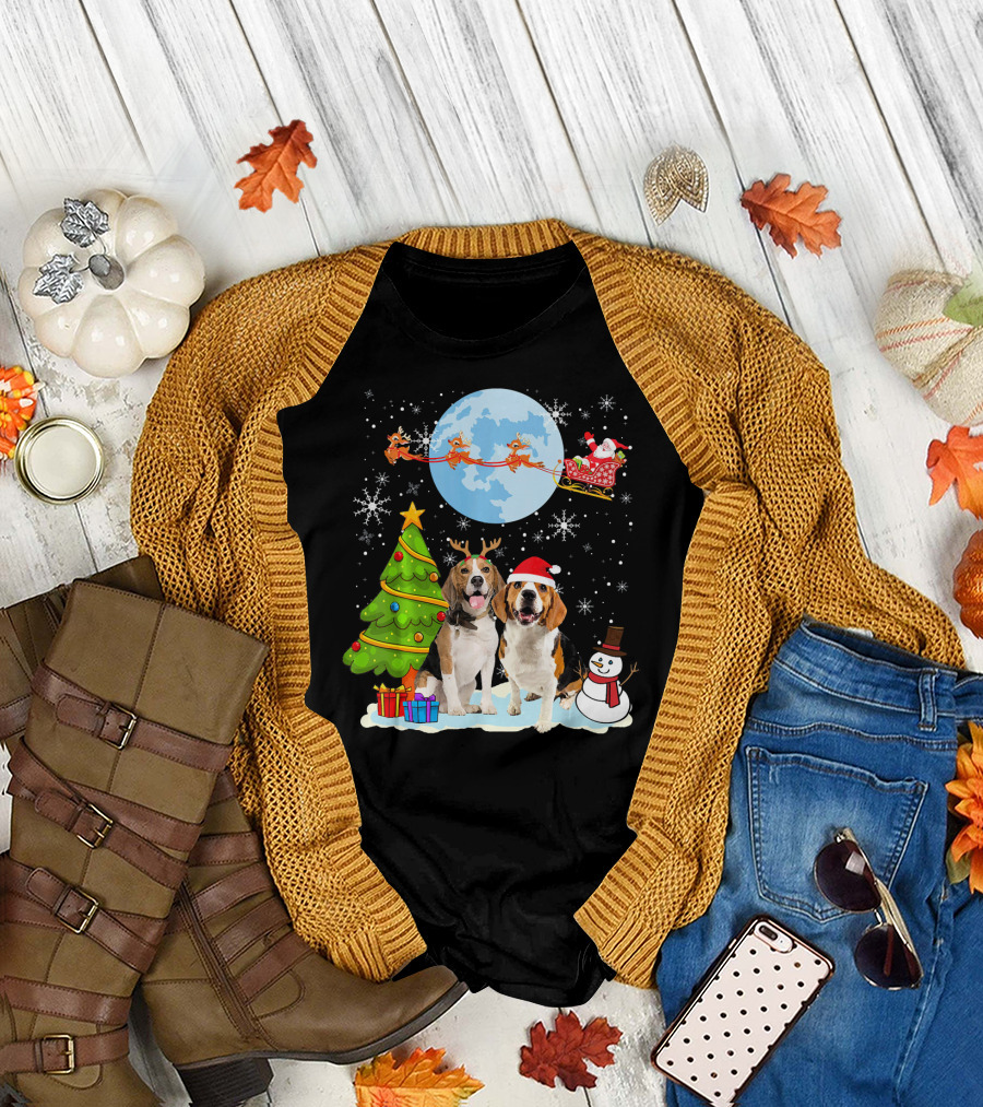 Funny Beagle Christmas Moon Santa Sleigh with Tree and Snowman T-Shirt